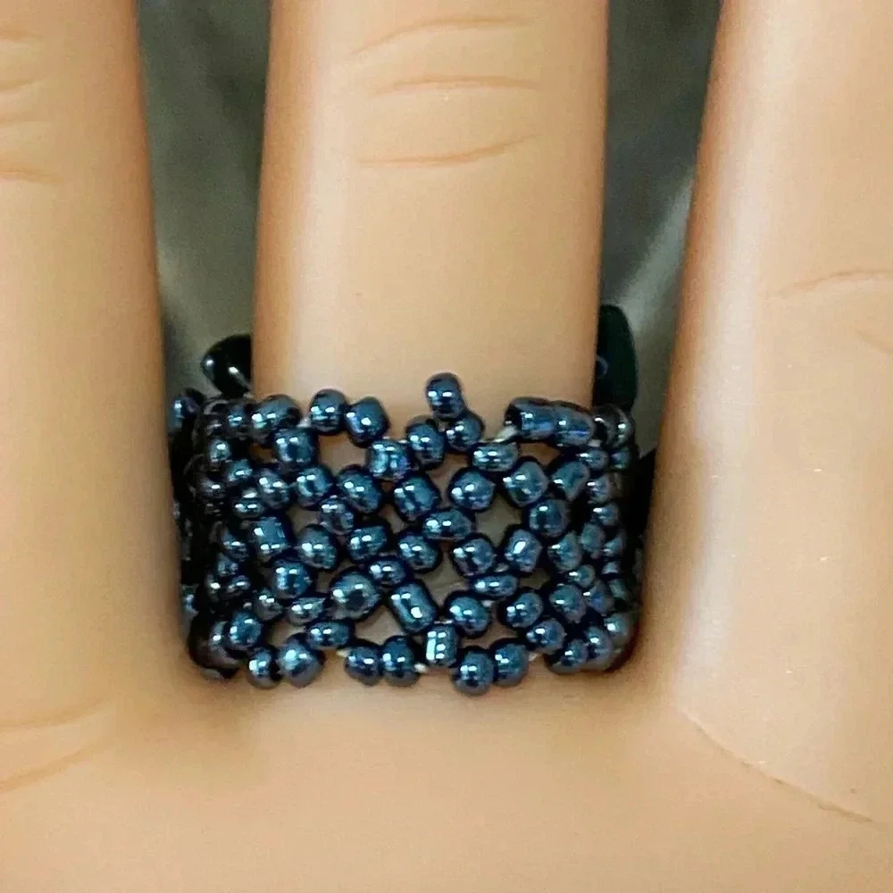 Black Dyed Quartz Handmade Seed Bead and Stone Chips Stretch Ring